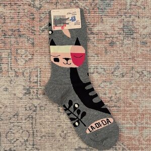 Blue Q Gray Cat Socks with Pink Accents